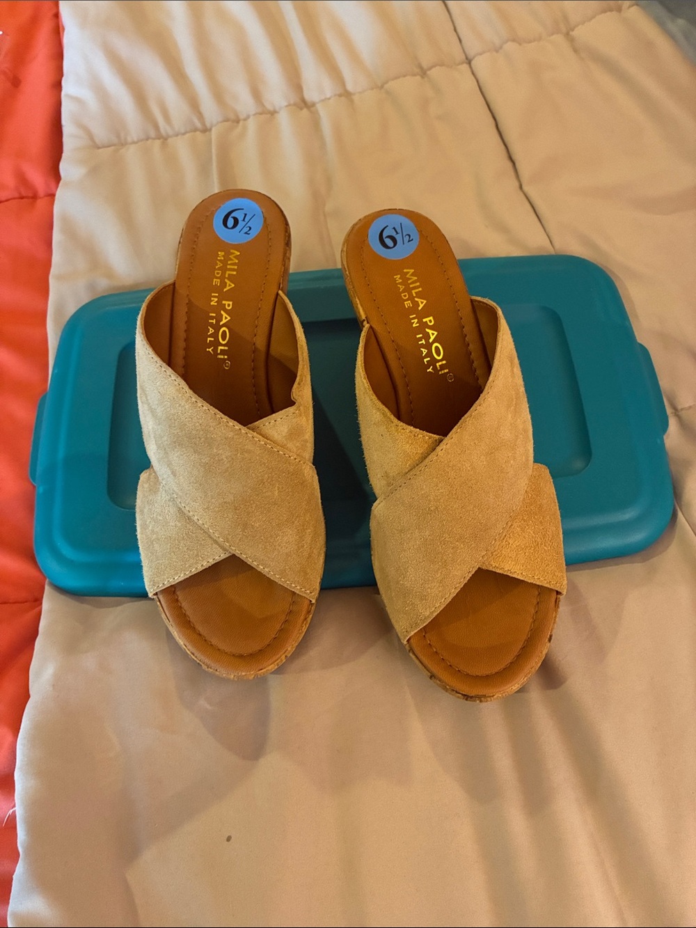 Mila Paoli Tan Suede Crossover Slide Mules